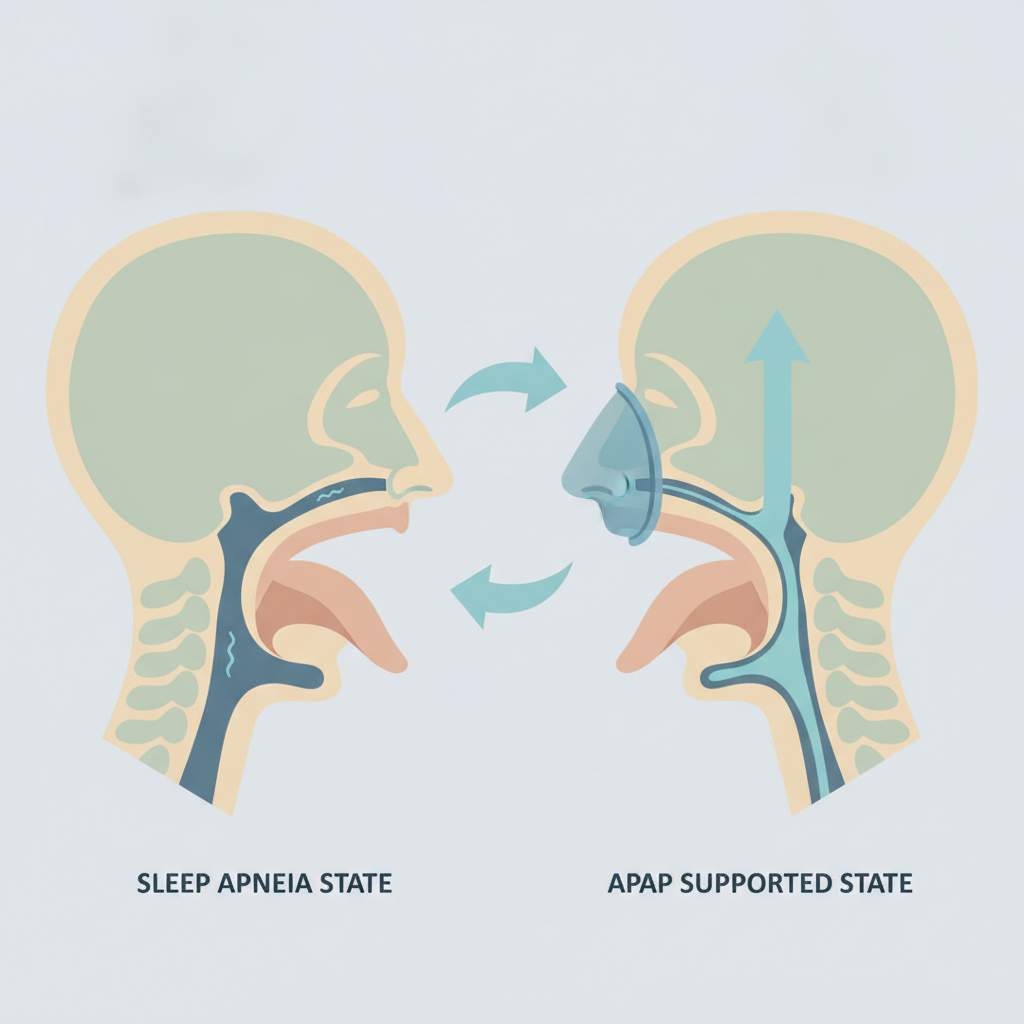 22dB 저소음 APAP 양압기: 수면무호흡증 관리와 편안한 적응을 위한 가이드 - 양압기(CPAP/APAP) 기도 유지 원리 설명 그림