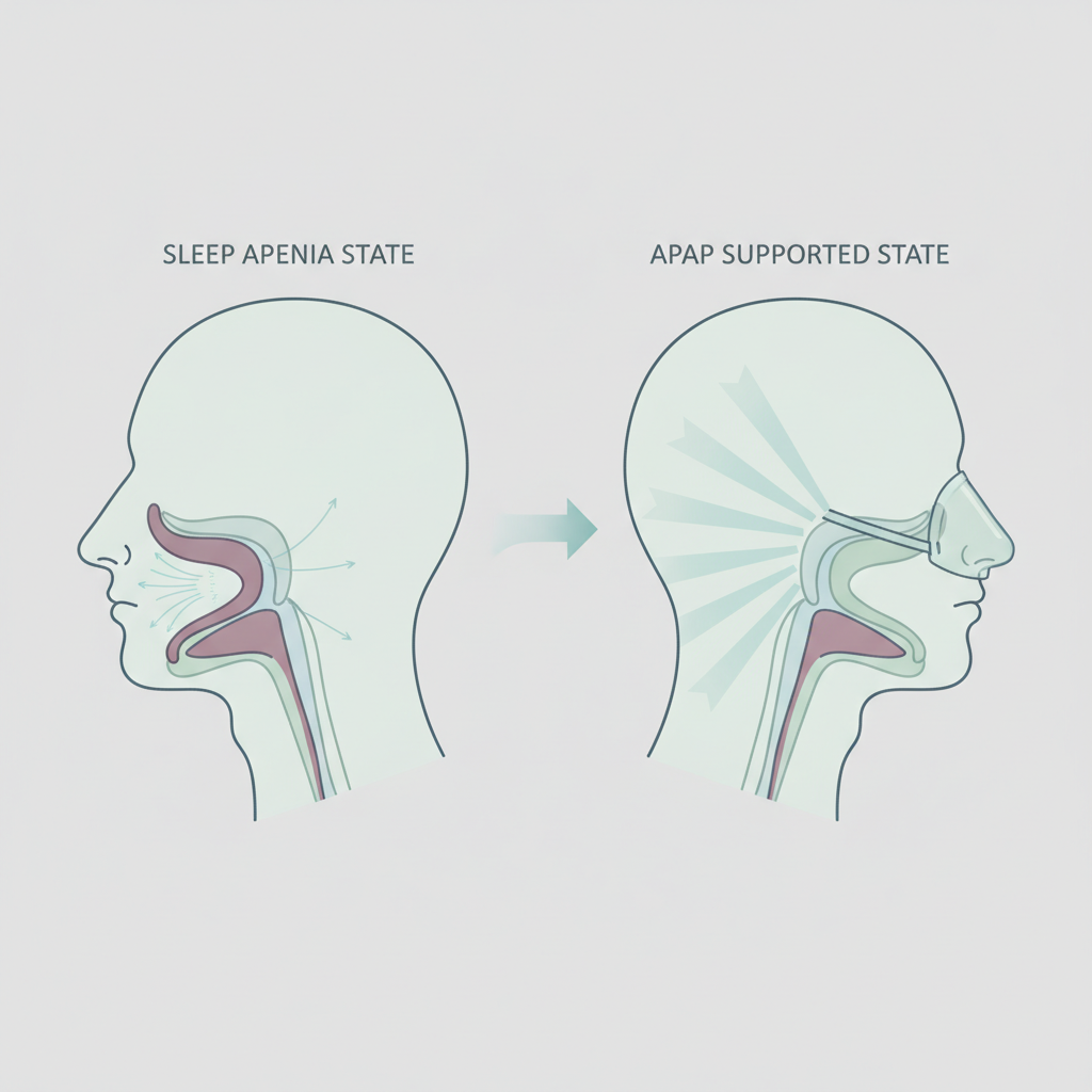 22dB 저소음 양압기와 함께하는 편안한 수면: AHI 수치부터 올바른 선택까지 - 양압기(CPAP/APAP) 기도 유지 원리 설명 그림