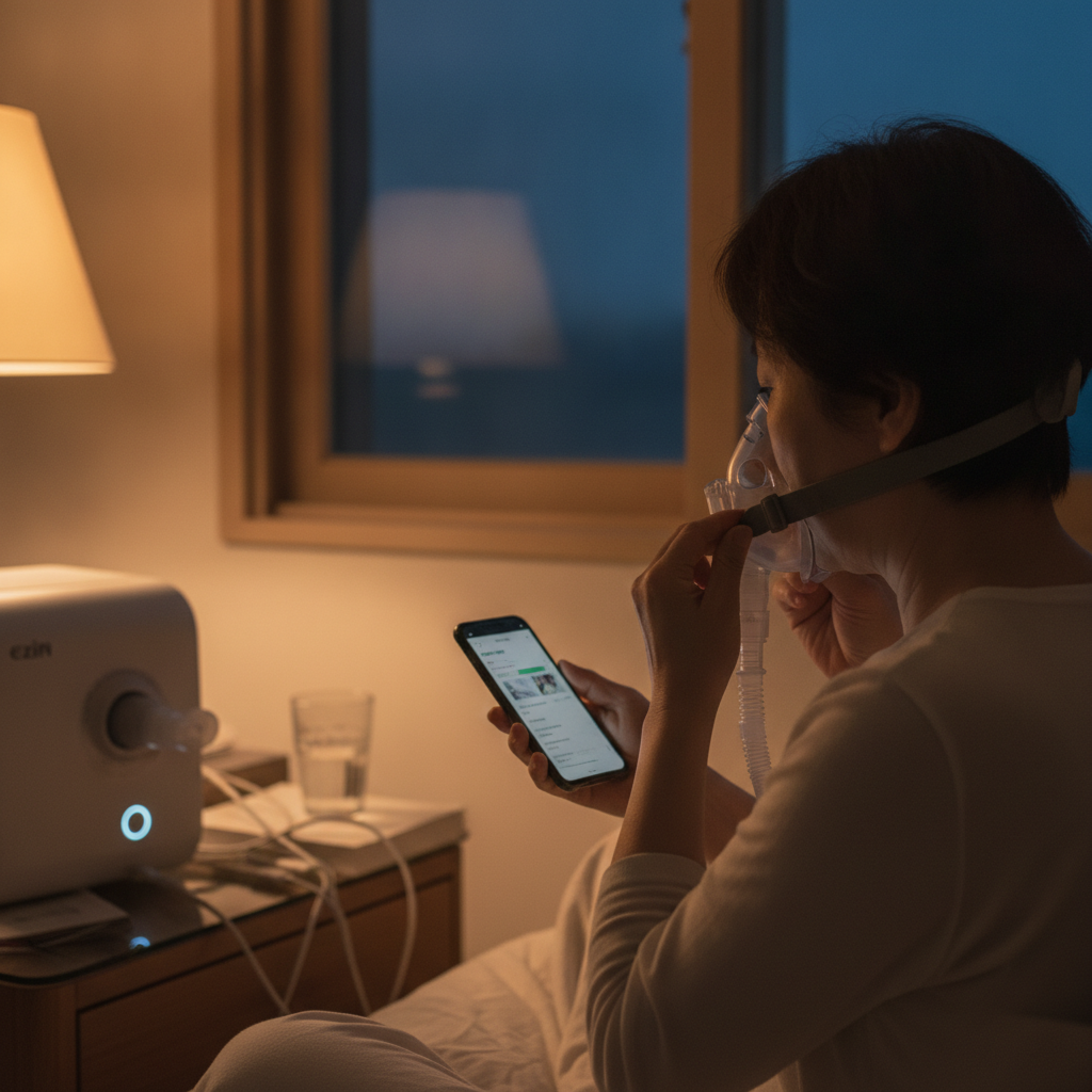 22dB 저소음 양압기와 함께하는 편안한 수면: AHI 수치부터 올바른 선택까지 - 양압기와 함께하는 저녁 루틴 장면