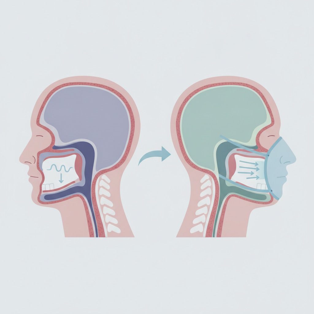 APAP 자동 압력 양압기 추천: 더 편안한 수면을 위한 현명한 선택 - 양압기(CPAP/APAP) 기도 유지 원리 설명 그림