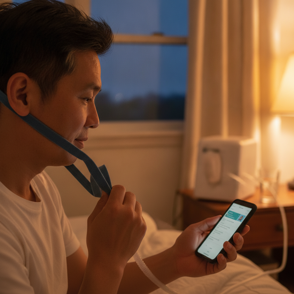APAP 자동 압력 양압기 추천: 편안한 수면을 위한 현명한 선택 가이드 - 양압기와 함께하는 저녁 루틴 장면