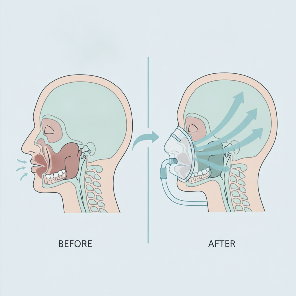 APAP 자동 압력 양압기: 편안한 수면을 위한 마스크 선택과 적응 가이드 - 양압기(CPAP/APAP) 기도 유지 원리 설명 그림