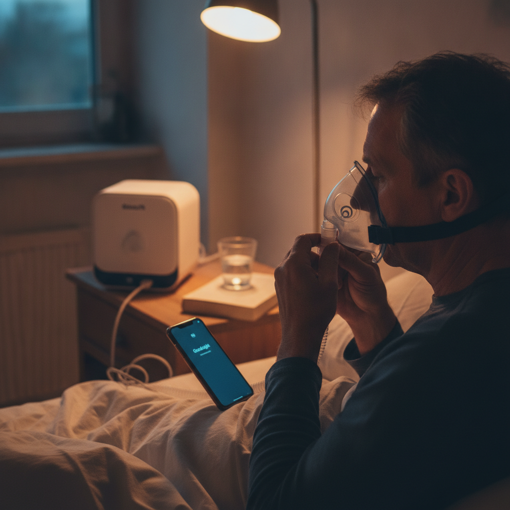 CPAP 사용법: 수면의 질을 높이는 현명한 양압기 활용 가이드 - 양압기와 함께하는 저녁 루틴 장면