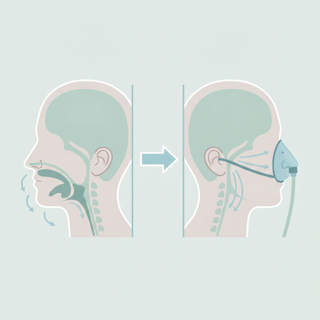 밤잠을 깨우는 코골이, 저소음 양압기 추천으로 숙면 되찾기 - 양압기(CPAP/APAP) 기도 유지 원리 설명 그림