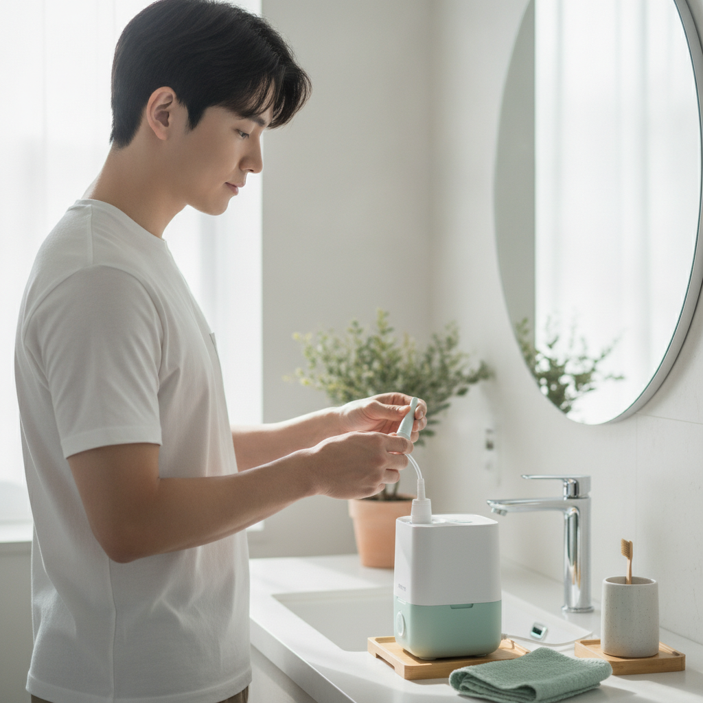 비염, 코막힘, 콧물: 비강 관리로 편안한 숨을 위한 코세척기 추천 가이드 - 환절기 비강 관리 루틴 장면
