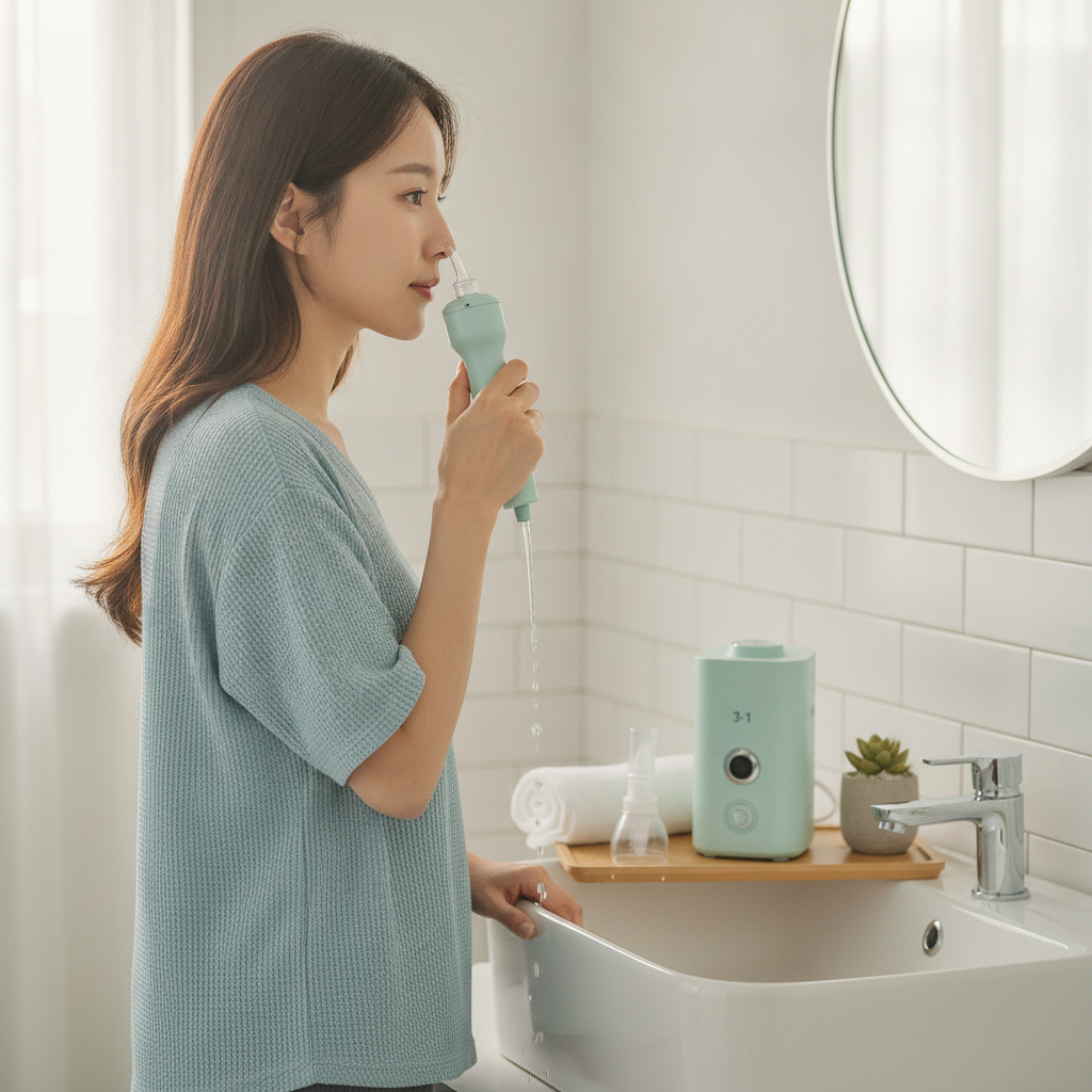 비염, 코막힘, 콧물: 현명한 코세척기 선택과 비강 관리 가이드 - 환절기 비강 관리 루틴 장면