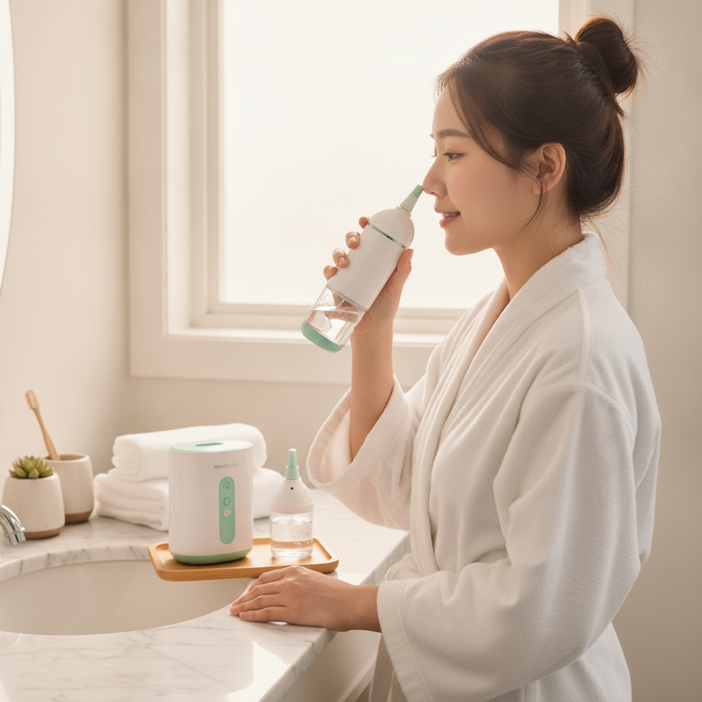 비염·코막힘·콧물, 코세척기로 현명하게 관리하는 법 - 환절기 비강 관리 루틴 장면