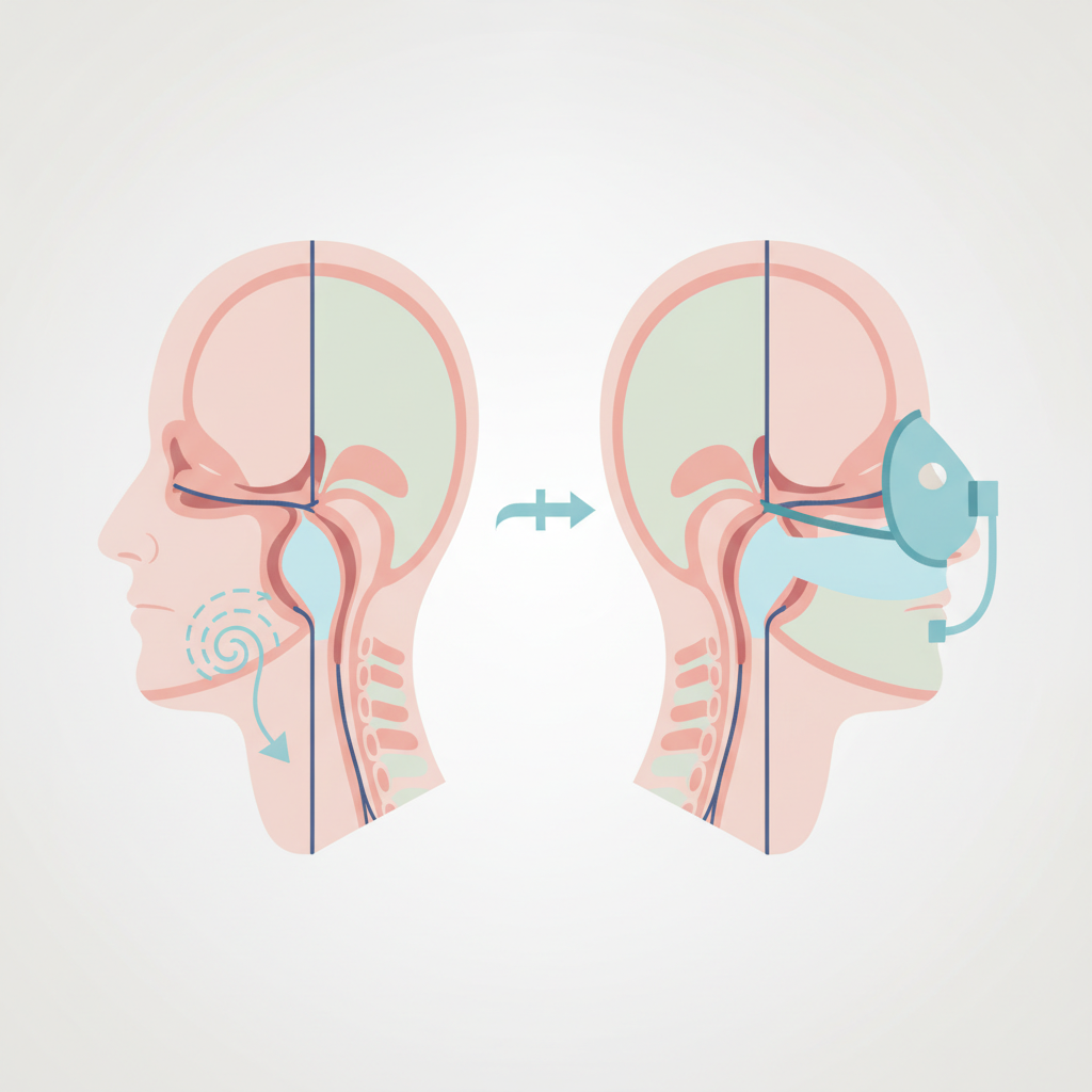 수면 무호흡증 관리의 핵심: 양압기(CPAP) 선택부터 편안한 적응까지 - 양압기(CPAP/APAP) 기도 유지 원리 설명 그림