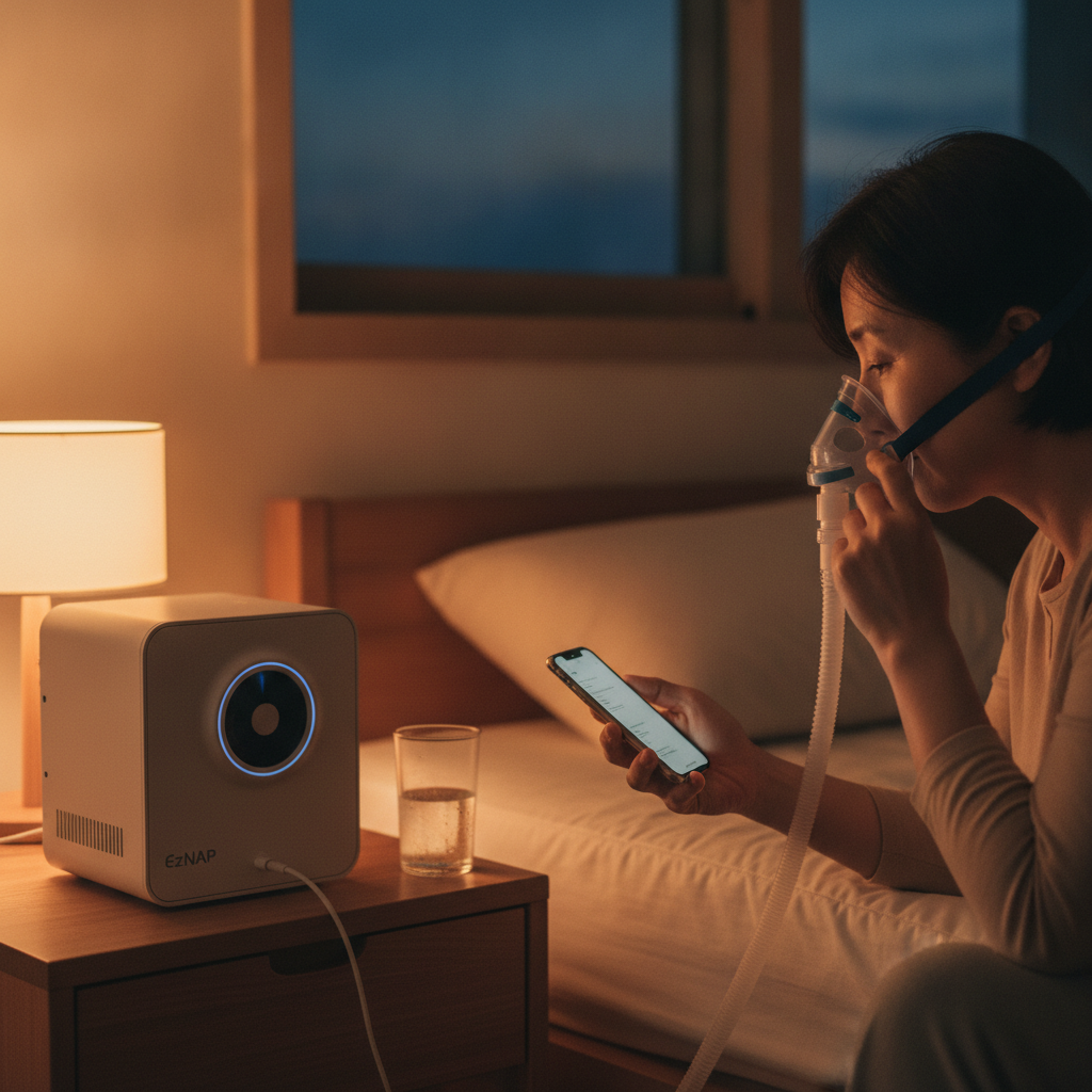 수면 무호흡증 관리의 핵심: 양압기(CPAP) 선택부터 편안한 적응까지 - 양압기와 함께하는 저녁 루틴 장면