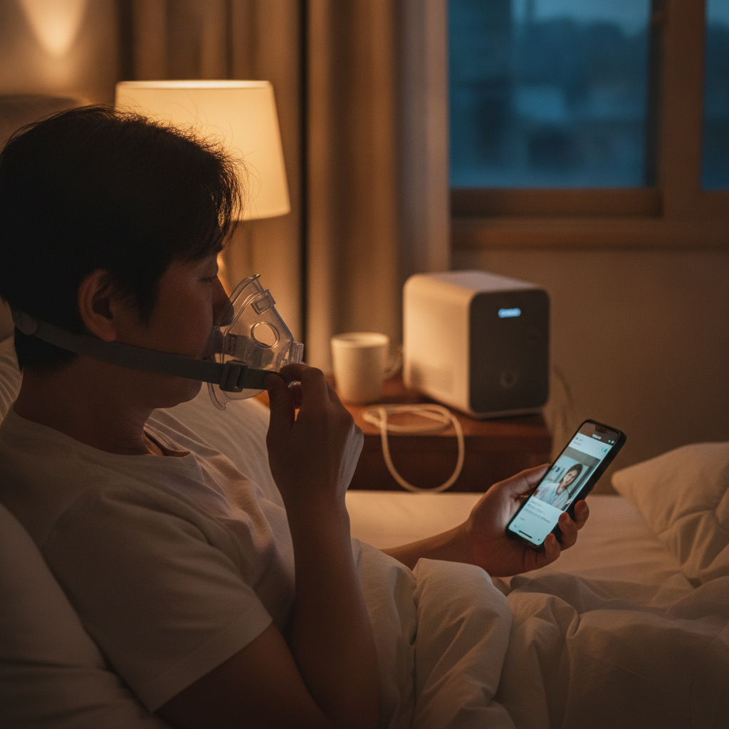 수면 무호흡증 양압기: 편안한 숨으로 숙면을 되찾는 방법 - 양압기와 함께하는 저녁 루틴 장면