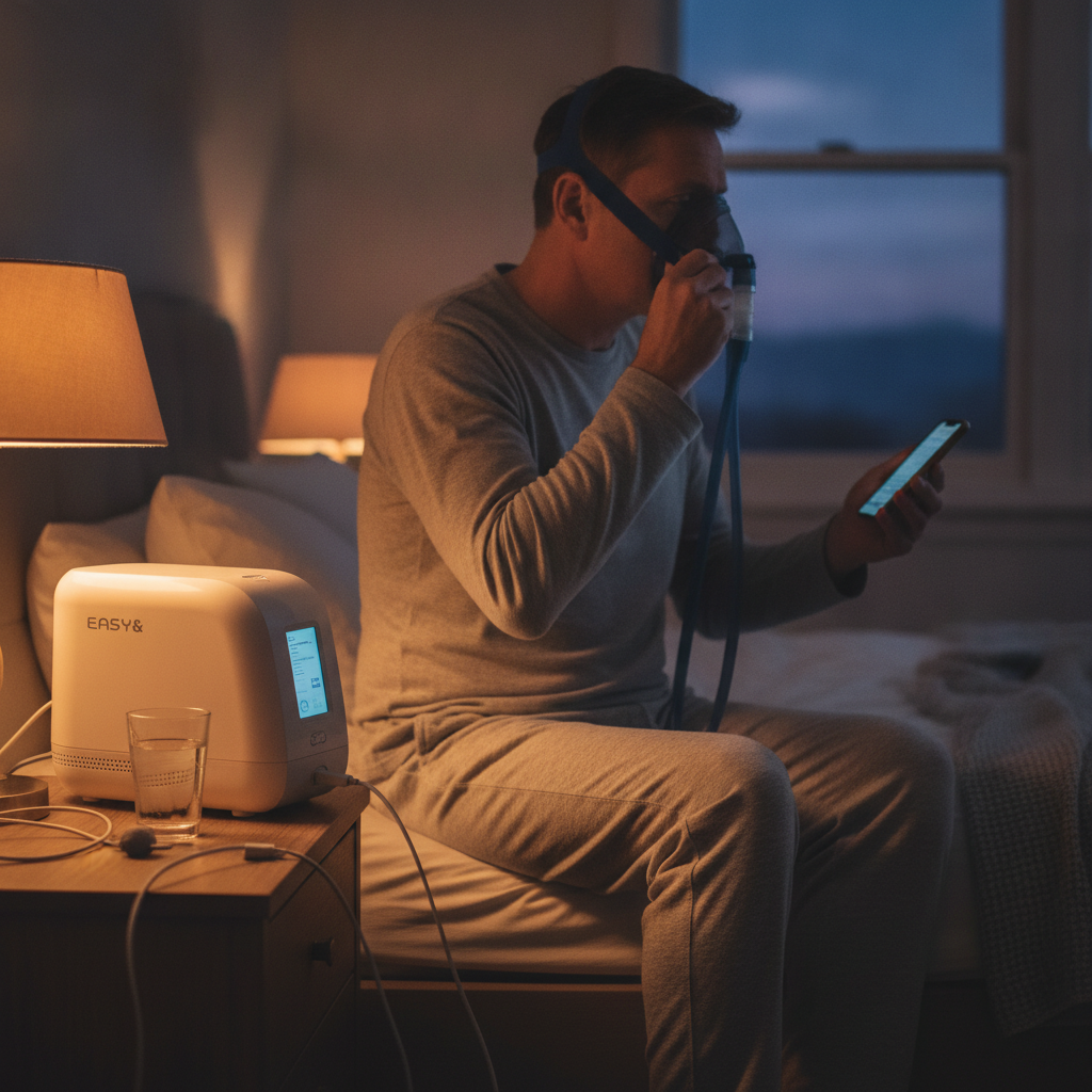 수면 무호흡증 치료의 핵심: 양압기(CPAP)의 모든 것 - 양압기와 함께하는 저녁 루틴 장면