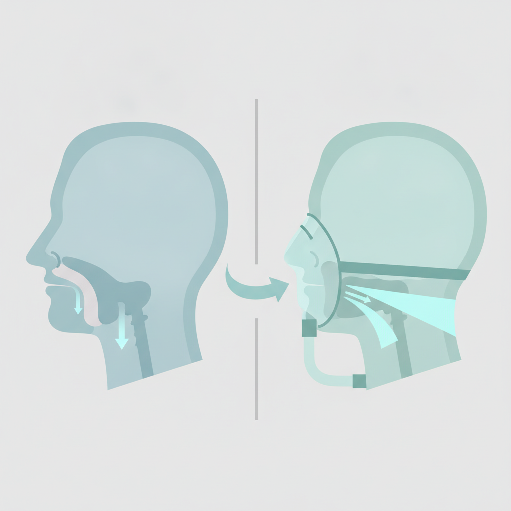 수면 무호흡증과 양압기(CPAP): 건강한 수면을 되찾는 길 - 양압기(CPAP/APAP) 기도 유지 원리 설명 그림