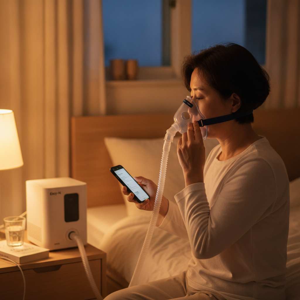 수면 무호흡증과 양압기(CPAP): 건강한 수면을 되찾는 길 - 양압기와 함께하는 저녁 루틴 장면