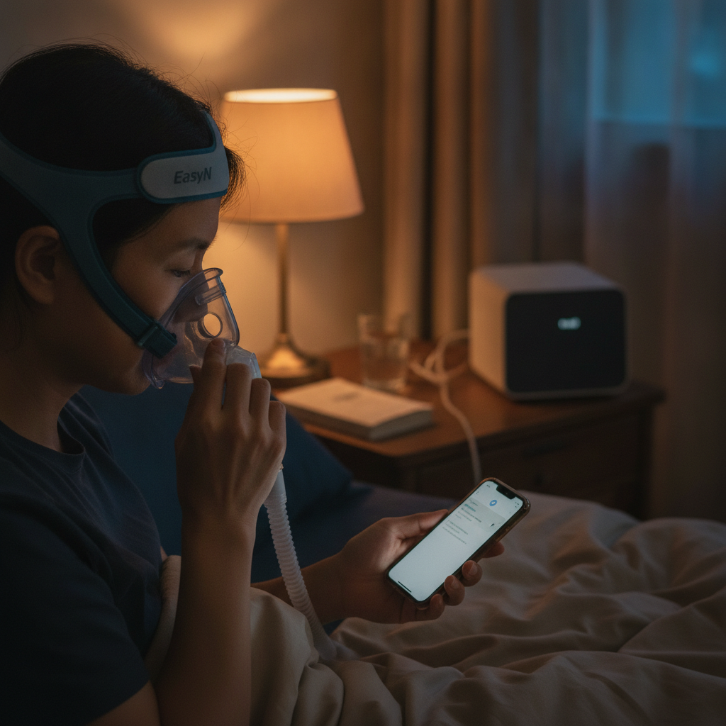 수면무면무호흡증: 증상 이해부터 양압기 선택, 지속 가능한 관리 전략 - 양압기와 함께하는 저녁 루틴 장면