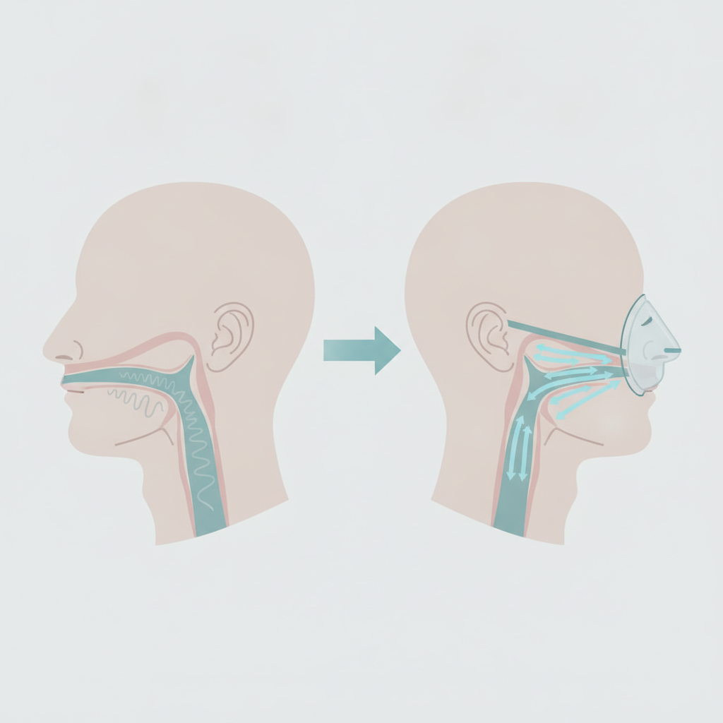 수면무호흡증 검사부터 양압기 선택까지: 정확한 수면 건강 가이드 - 양압기(CPAP/APAP) 기도 유지 원리 설명 그림