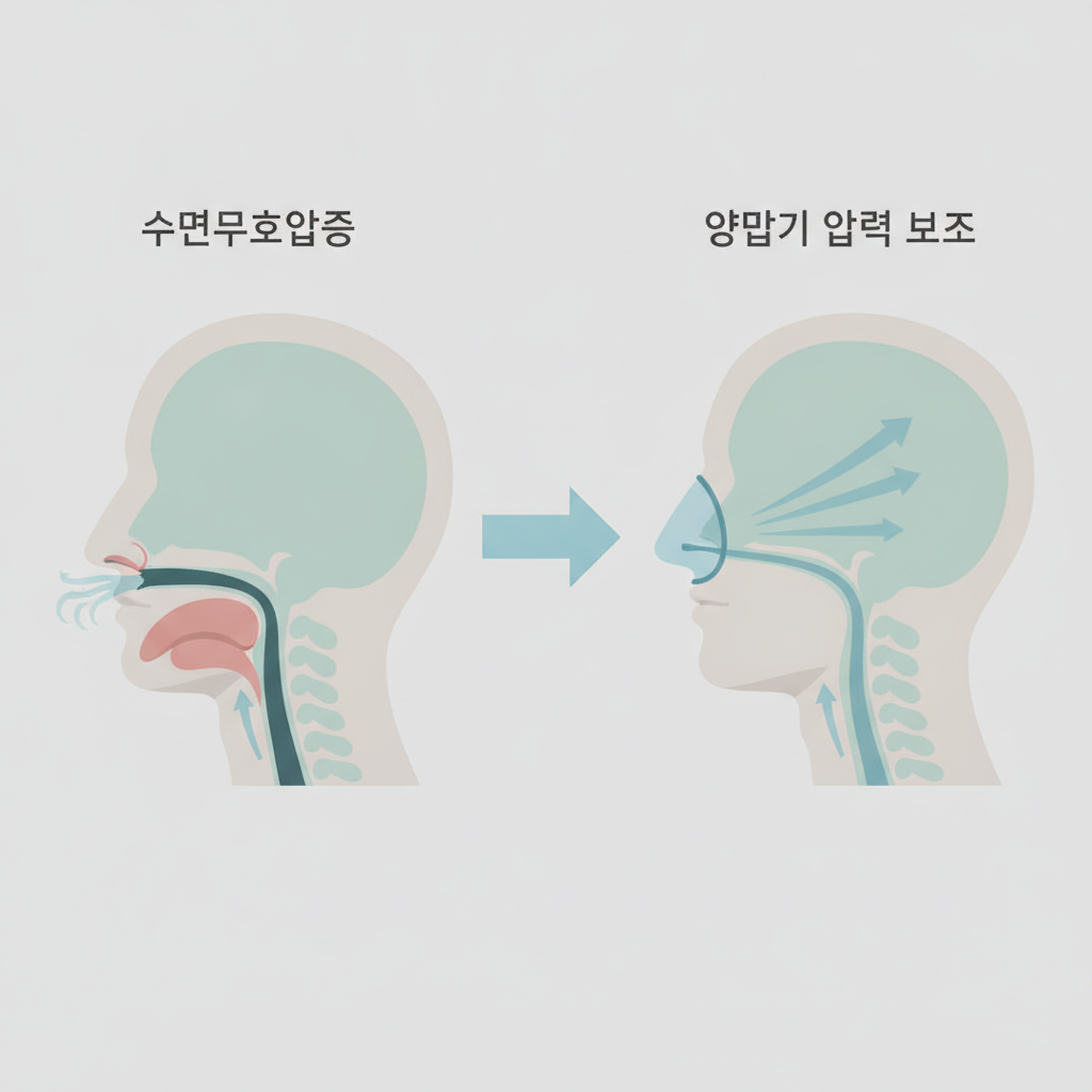 수면무호흡증 양압기, 올바른 이해와 효과적인 사용 가이드 - 양압기(CPAP/APAP) 기도 유지 원리 설명 그림