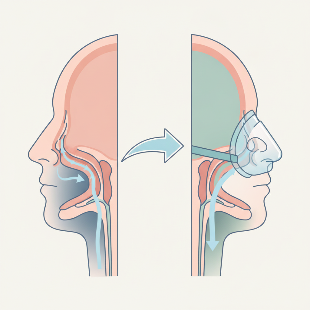 수면무호흡증 양압기 치료: 건강한 수면을 위한 필수 가이드 - 양압기(CPAP/APAP) 기도 유지 원리 설명 그림
