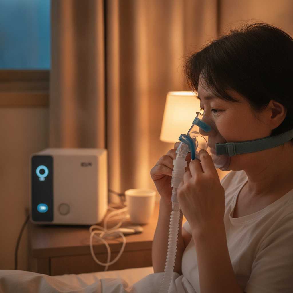 수면무호흡증 양압기 치료: 건강한 수면을 위한 필수 가이드 - 양압기와 함께하는 저녁 루틴 장면