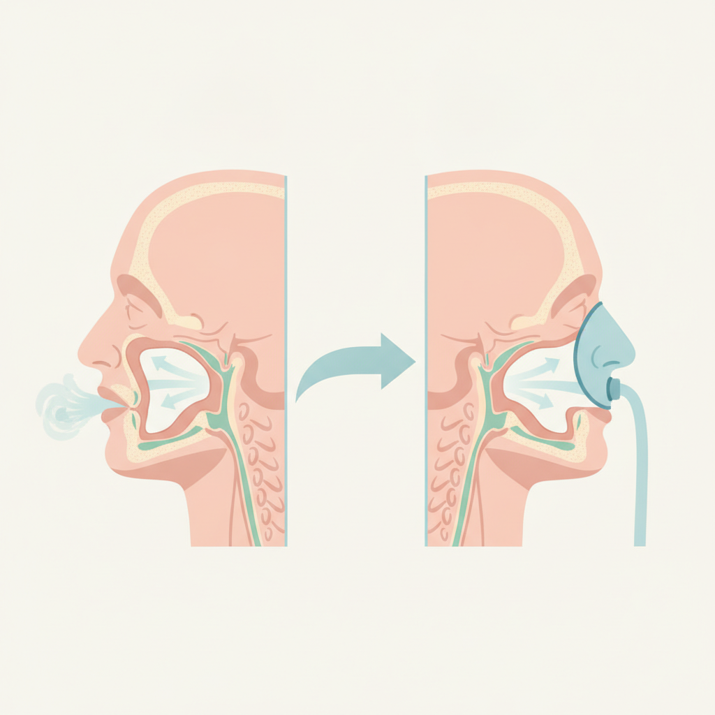 수면무호흡증 증상: 정확히 알고 현명하게 관리하는 법 - 양압기(CPAP/APAP) 기도 유지 원리 설명 그림