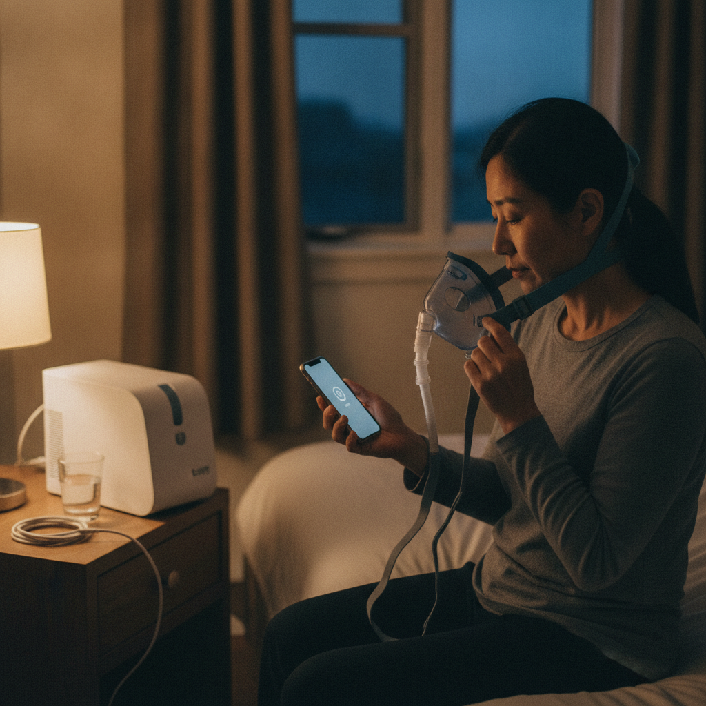 수면무호흡증의 비수술적 치료, 양압기(CPAP)의 모든 것 - 양압기와 함께하는 저녁 루틴 장면
