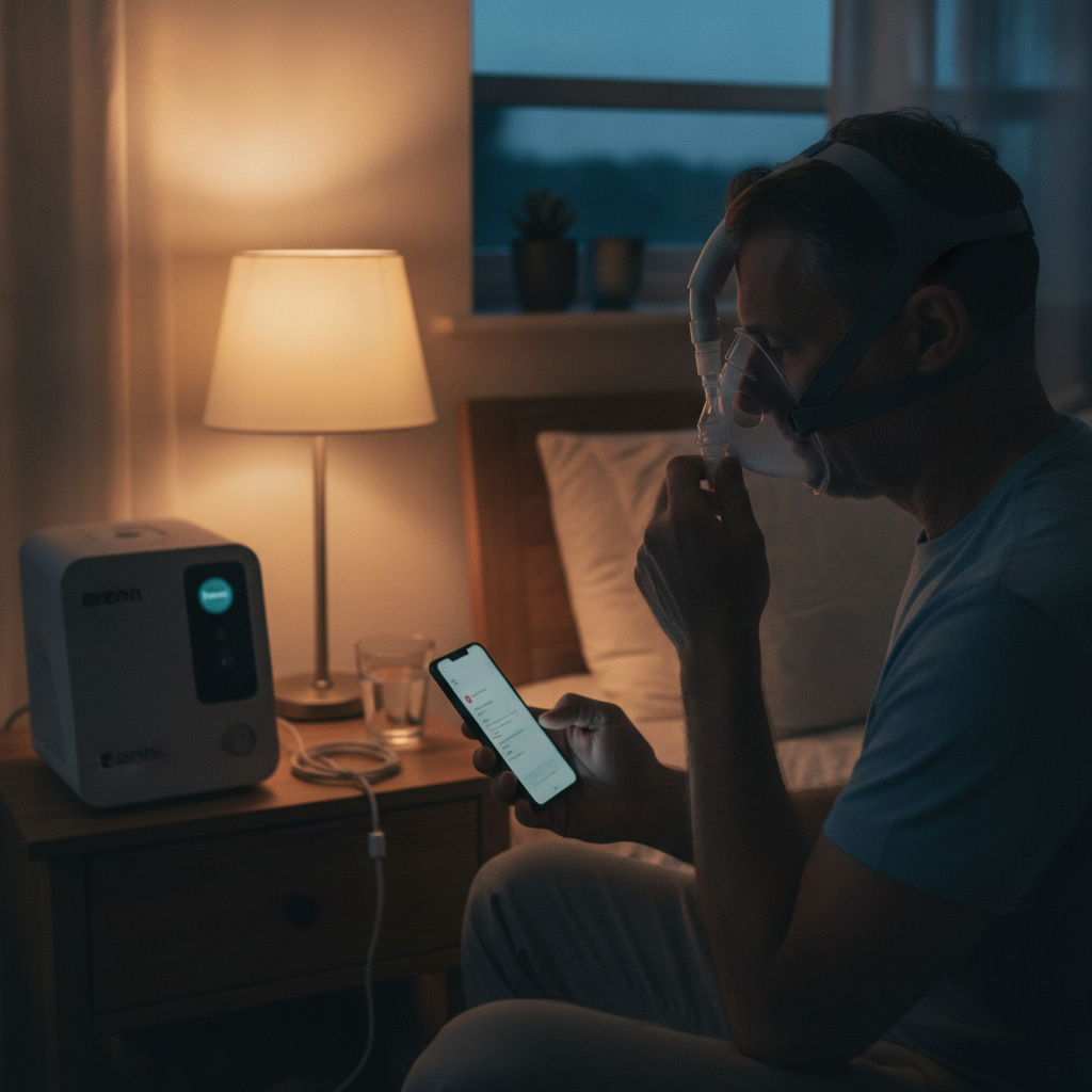 수면무호흡증의 핵심 치료법, 양압기(CPAP) 완벽 이해하기 - 양압기와 함께하는 저녁 루틴 장면