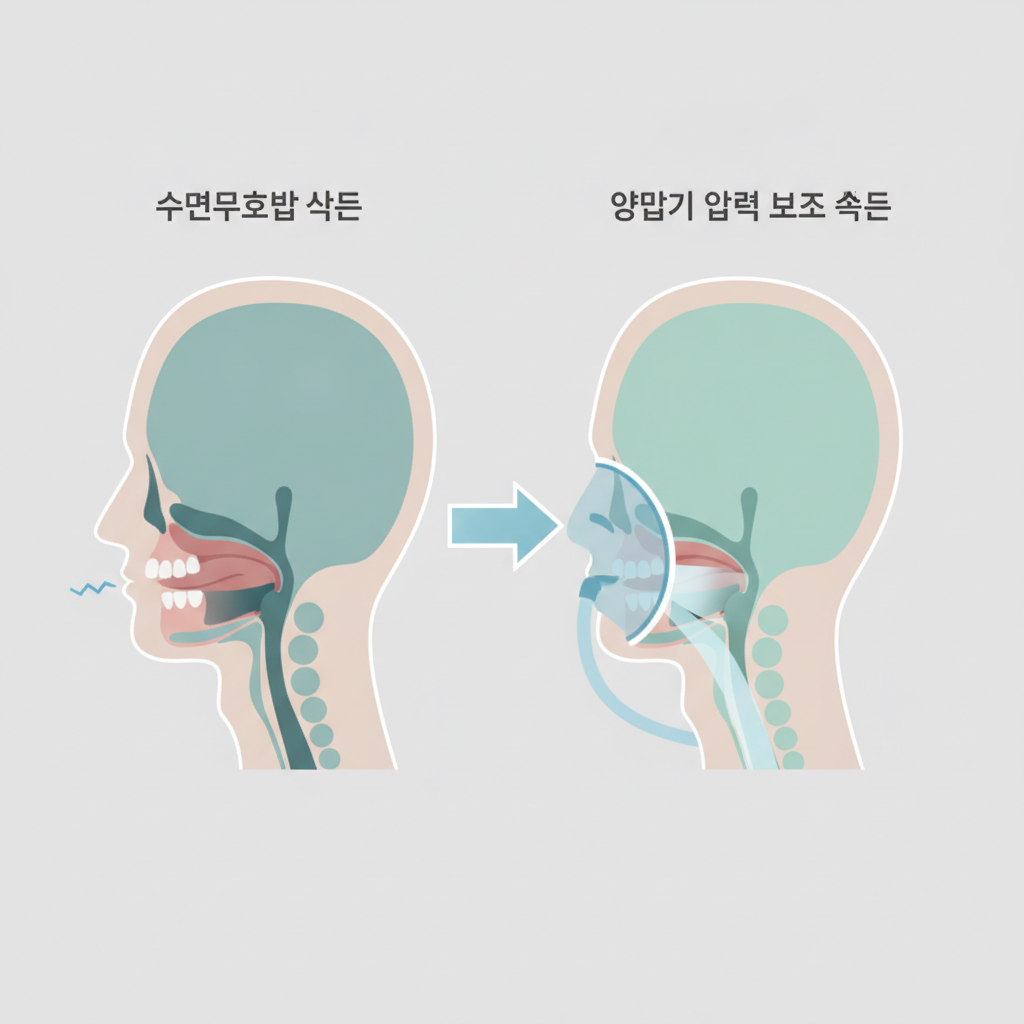 수면무호흡증의 효과적인 관리: 양압기(CPAP)의 모든 것 - 양압기(CPAP/APAP) 기도 유지 원리 설명 그림