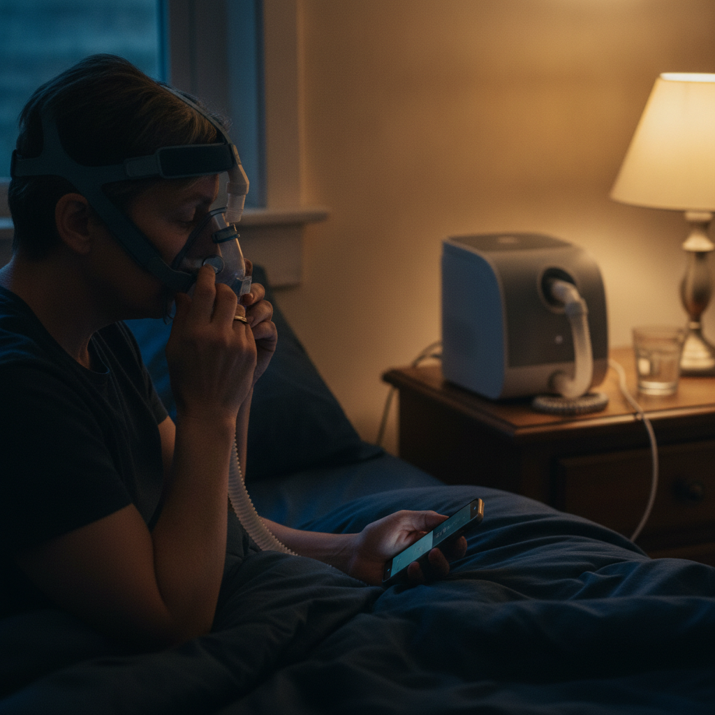수면무호흡증의 효과적인 관리: 양압기(CPAP)의 모든 것 - 양압기와 함께하는 저녁 루틴 장면