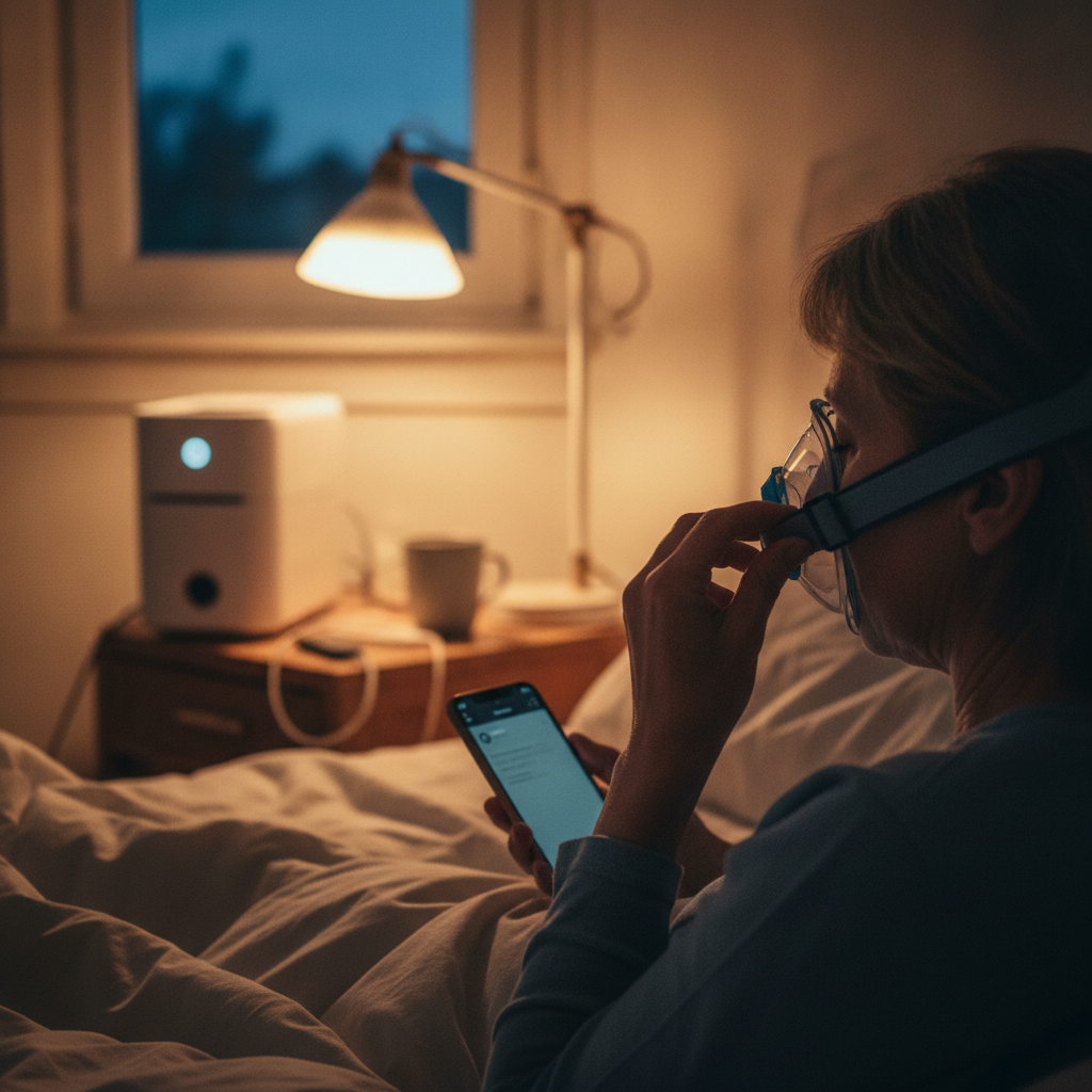 숙면을 방해하는 코골이, 수면무호흡증 해결책: 저소음 양압기 추천 가이드 - 양압기와 함께하는 저녁 루틴 장면
