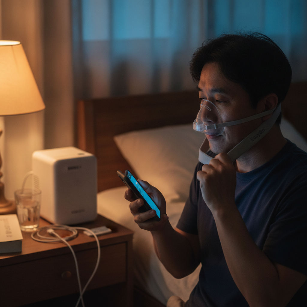 잠들기 전 양압기 마스크 착용을 준비하는 장면