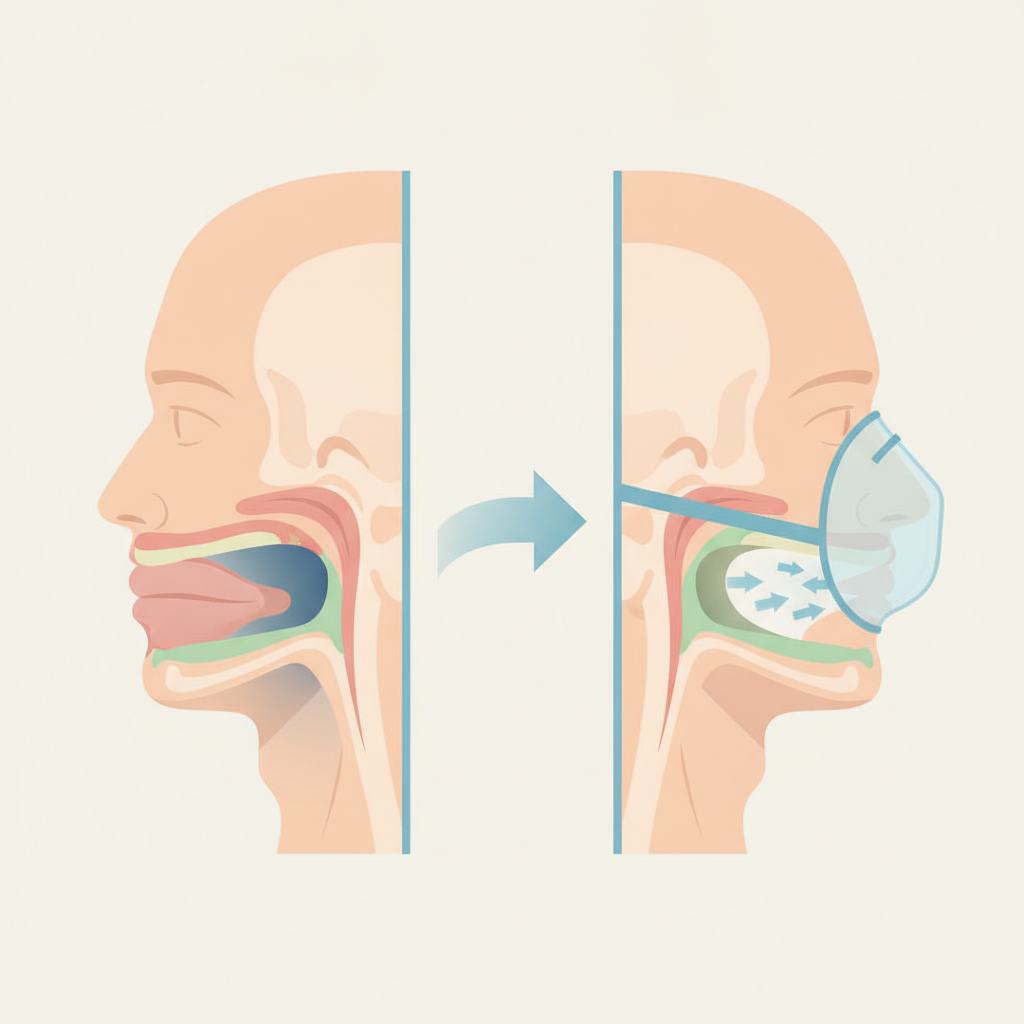양압기 보험 적용 조건: 22dB 저소음 APAP 양압기 선택과 편안한 적응 가이드 - 양압기(CPAP/APAP) 기도 유지 원리 설명 그림