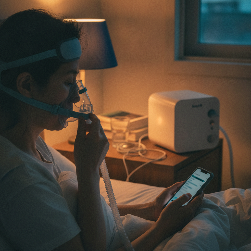 양압기, 수면무호흡증 치료의 표준: 원리, 올바른 사용법, 그리고 기대 효과 - 양압기와 함께하는 저녁 루틴 장면