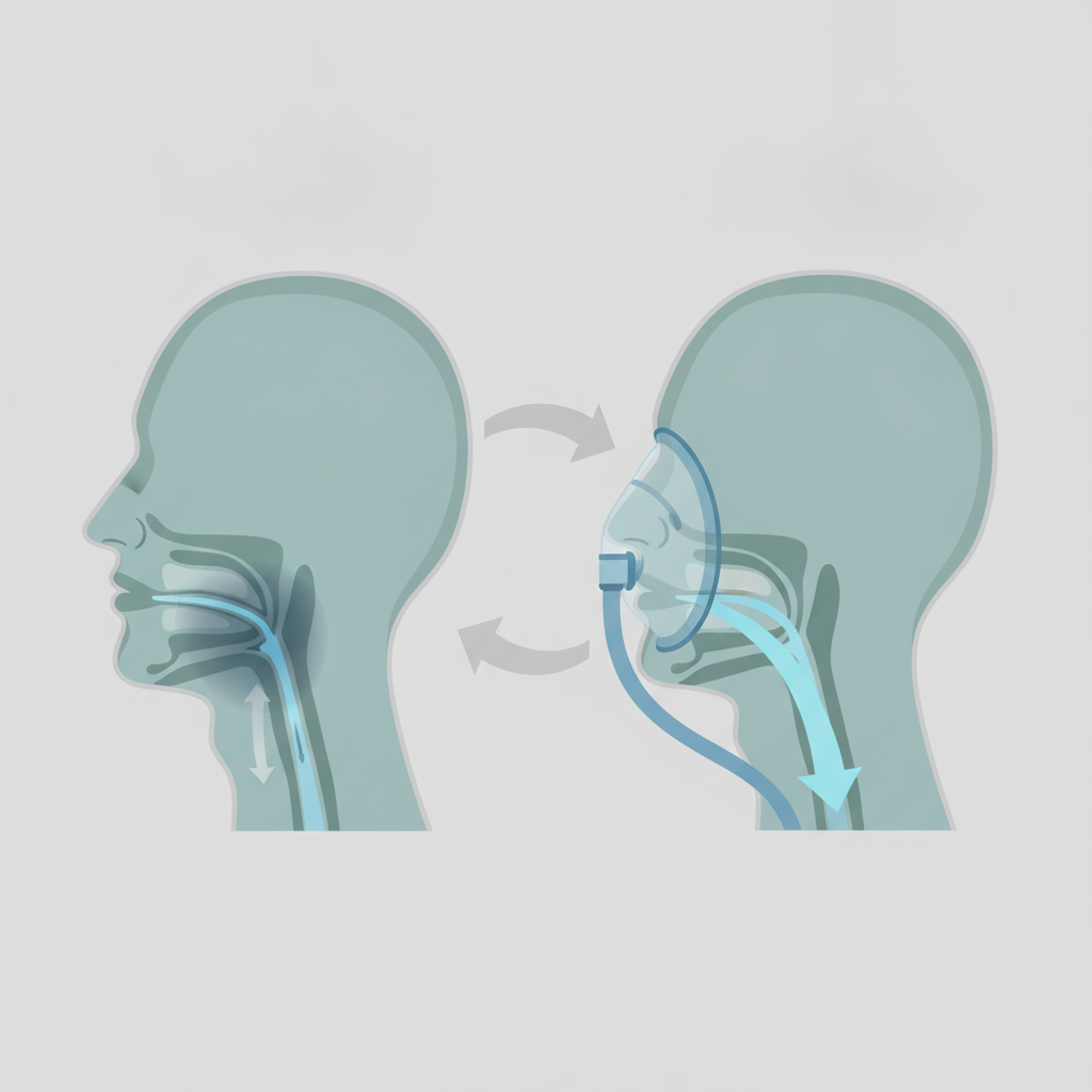 양압기 적응 안 될 때: APAP 자동 압력 조절로 편안한 수면 시작하기 - 양압기(CPAP/APAP) 기도 유지 원리 설명 그림