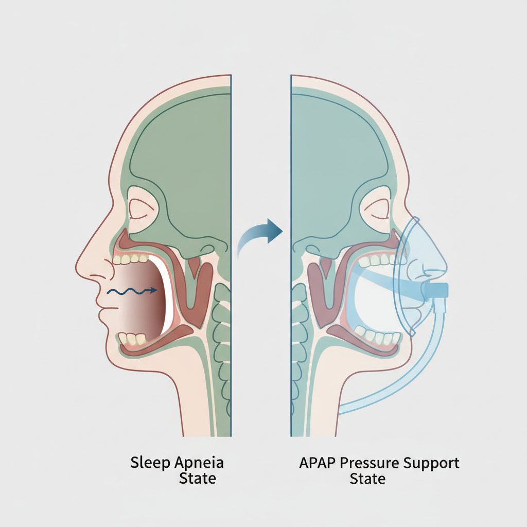 양압기 적응, 왜 어려울까요? 22dB 저소음 APAP로 편안하게 시작하는 법 - 양압기(CPAP/APAP) 기도 유지 원리 설명 그림