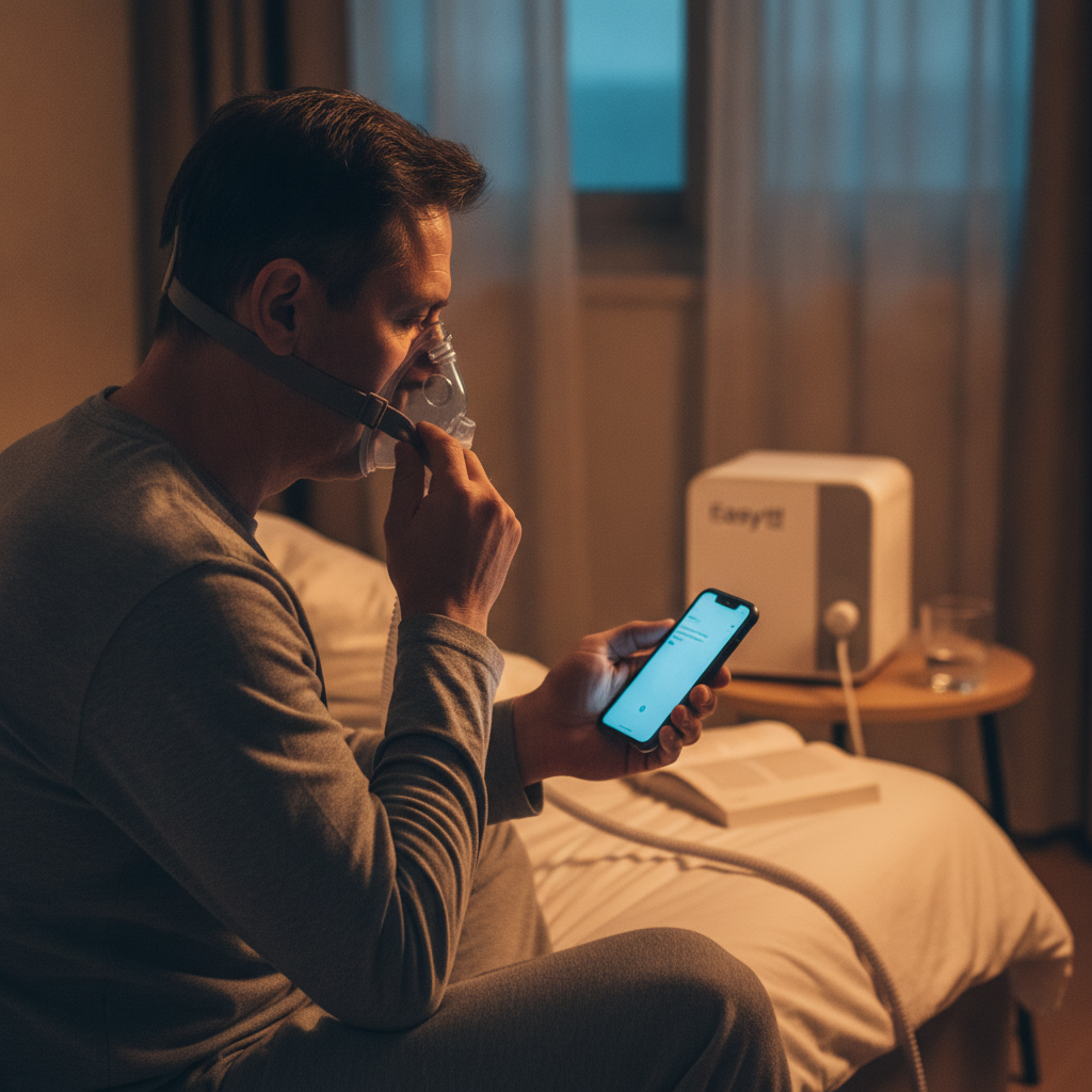 양압기(CPAP): 수면 무호흡증, 더 이상 방치하지 마세요! - 양압기와 함께하는 저녁 루틴 장면