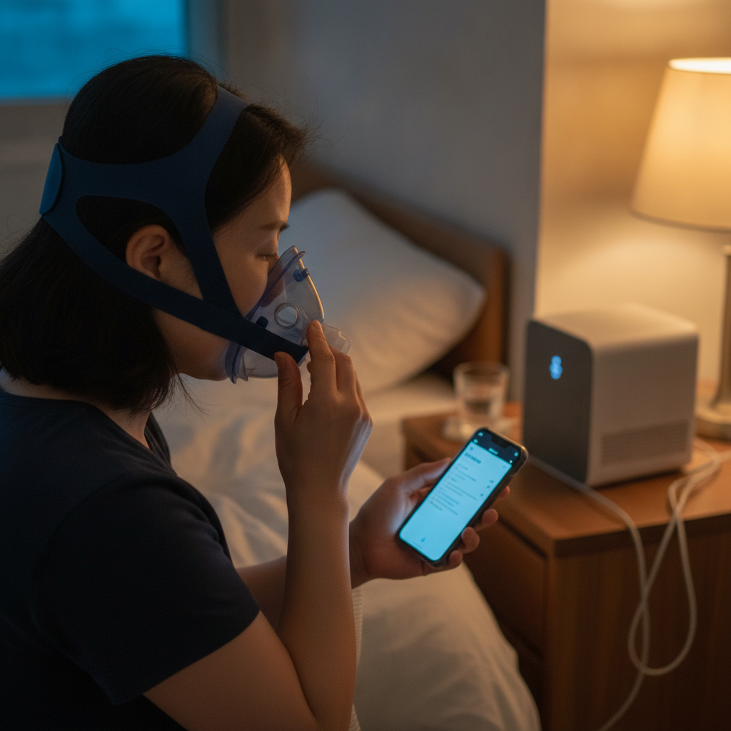 양압기(CPAP): 수면 무호흡증과 코골이, 건강한 수면의 시작 - 양압기와 함께하는 저녁 루틴 장면