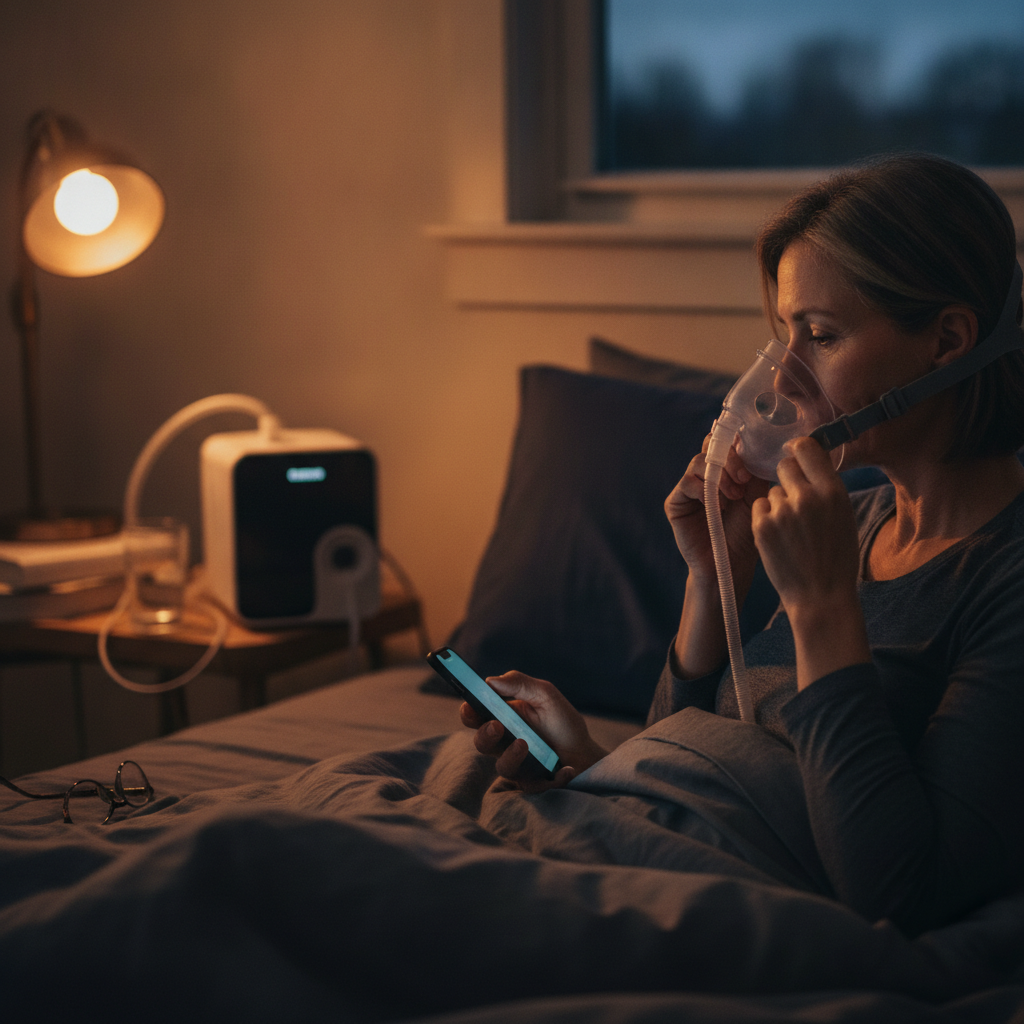 양압기(CPAP)란 무엇인가요? 수면무호흡증 치료의 핵심 가이드 - 양압기와 함께하는 저녁 루틴 장면