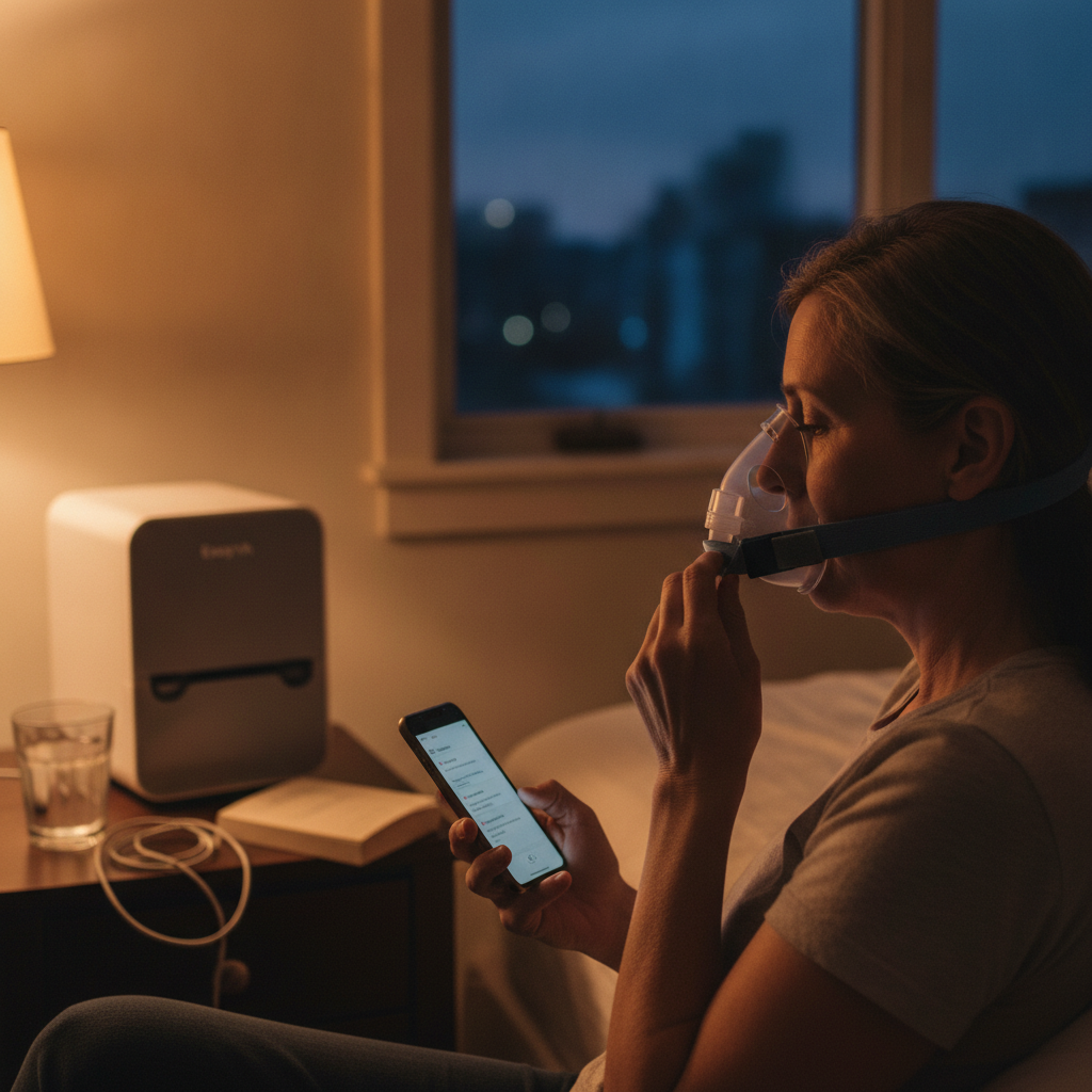 양압기(CPAP)란? 수면 무호흡증과 코골이, 올바른 사용법부터 관리까지 - 양압기와 함께하는 저녁 루틴 장면
