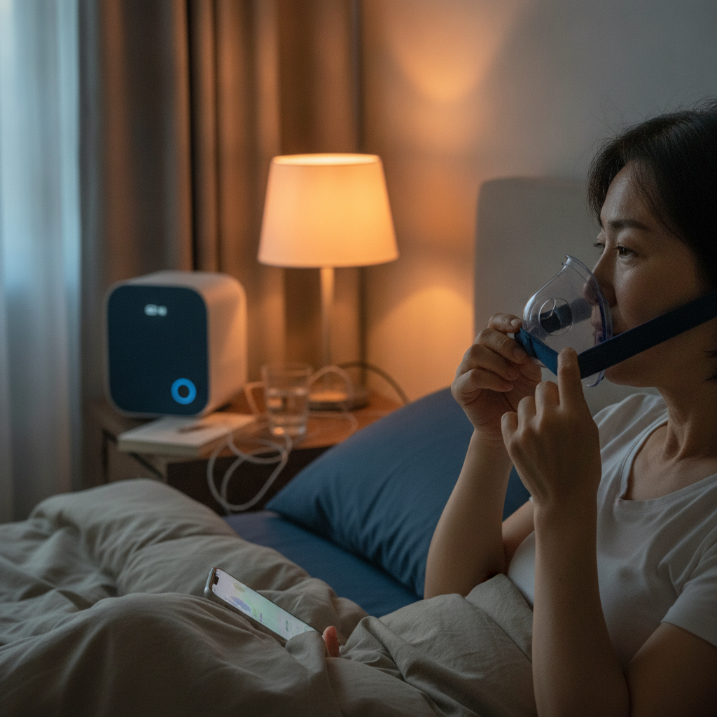 저소음 APAP 양압기: 편안한 수면을 위한 현명한 선택과 적응 - 양압기와 함께하는 저녁 루틴 장면