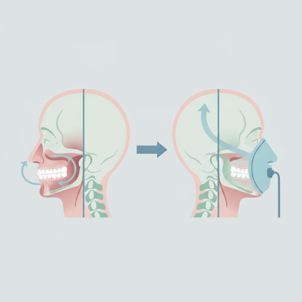 저소음 양압기 추천: 조용한 밤을 위한 수면무호흡증 관리 가이드 - 양압기(CPAP/APAP) 기도 유지 원리 설명 그림