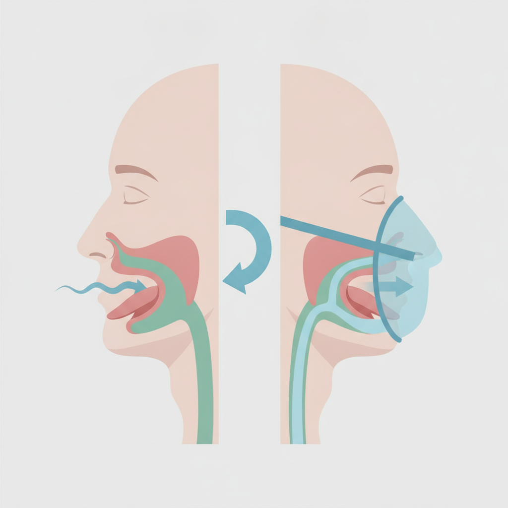 코골이 방지 베개, 정말 효과 있을까? 수면무호흡증과 양압기 선택 가이드 - 양압기(CPAP/APAP) 기도 유지 원리 설명 그림