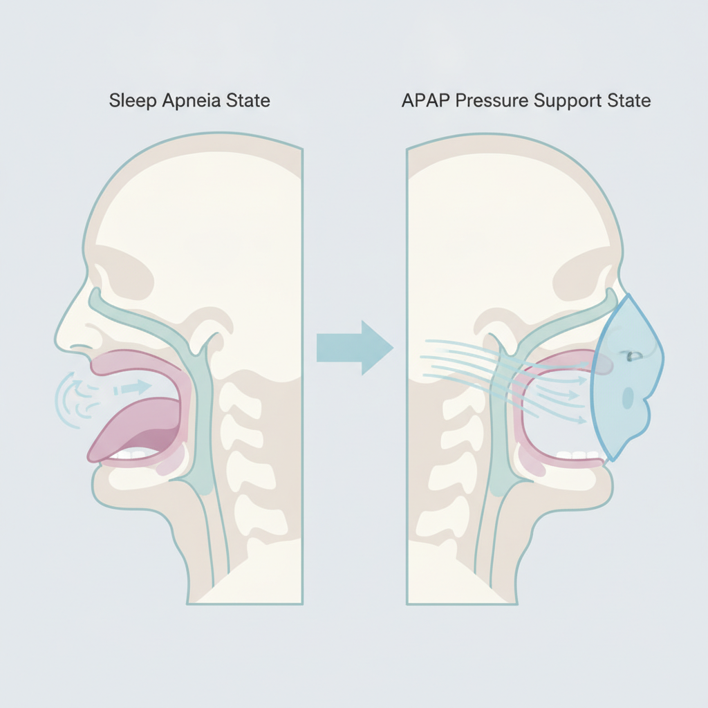 코골이 운동 방법: 숙면을 위한 생활 속 관리 가이드 - 양압기(CPAP/APAP) 기도 유지 원리 설명 그림