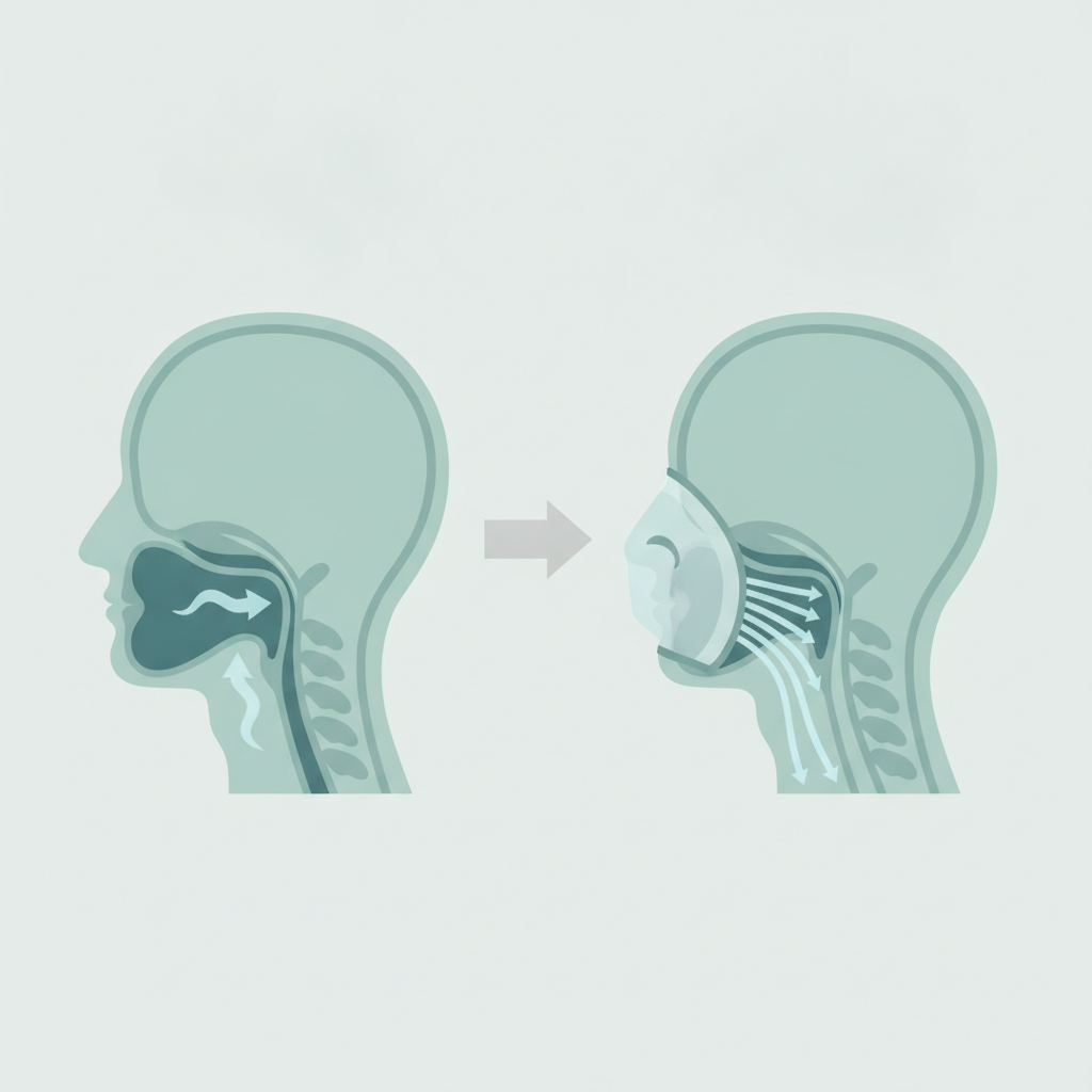 코골이 원인, 단순한 소음일까? 수면무호흡증과 건강한 수면 관리 - 양압기(CPAP/APAP) 기도 유지 원리 설명 그림