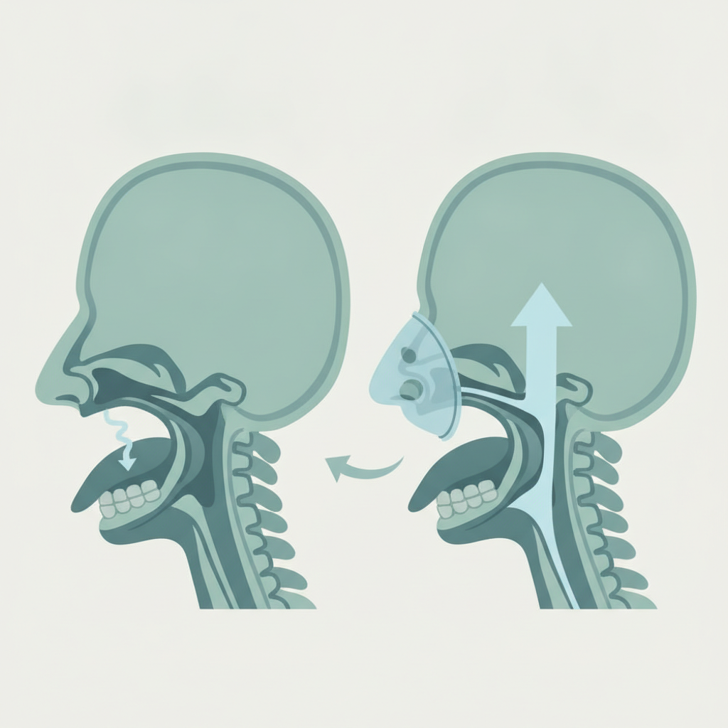 코골이 원인과 수면무호흡증 관리, 양압기 선택 가이드 - 양압기(CPAP/APAP) 기도 유지 원리 설명 그림